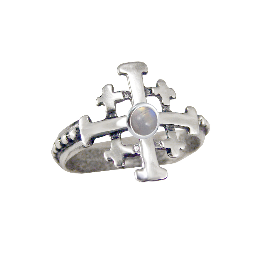 Sterling Silver Jerusalem Cross Ring With Rainbow Moonstone Size 8